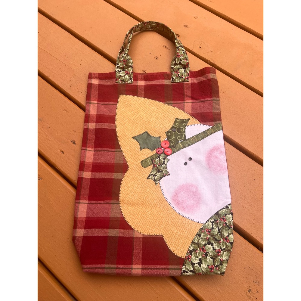 Handmade Christmas Snowman Tote Bag Red Plaid Folk Art Holiday Reusable Gift Bag